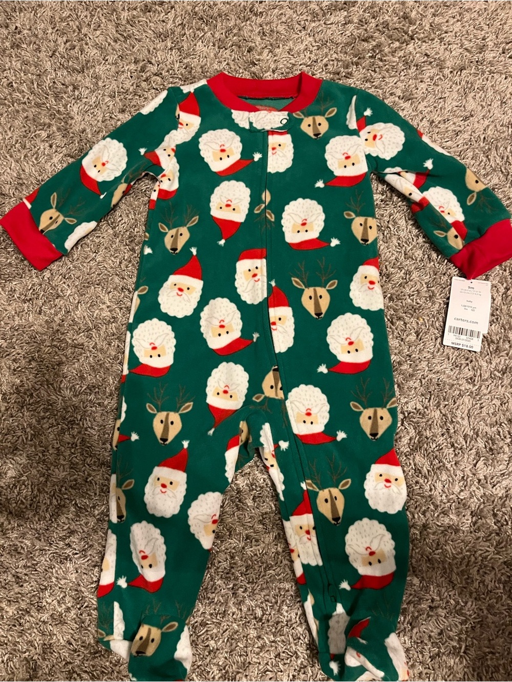 Carter's Green Santa & Reindeer Holiday One-Piece NWT 9 Month old baby